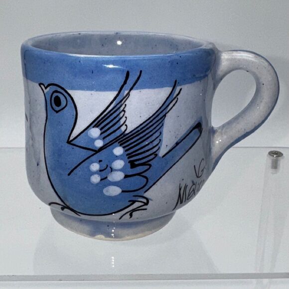 3 Mexican Tonala Pottery Blue Bird Mug Hand Painted Folk Art Mexico Signed VG - Picture 3 of 9